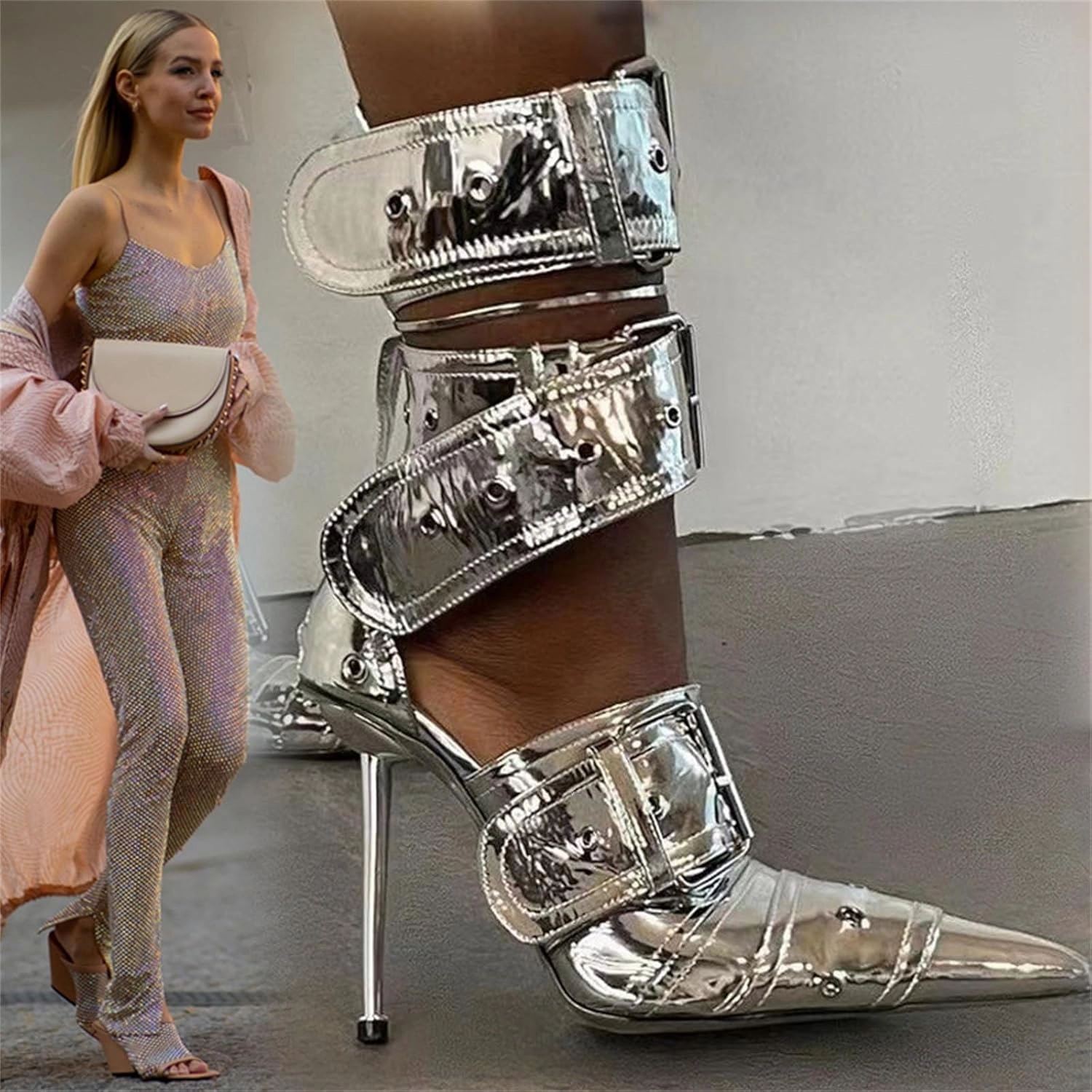 Women's Ankle Strap Stiletto Heels Pointed Toe Sexy Metal Buckle Stiletto High Heels Pumps Shoes for Party Evening Wedding Party