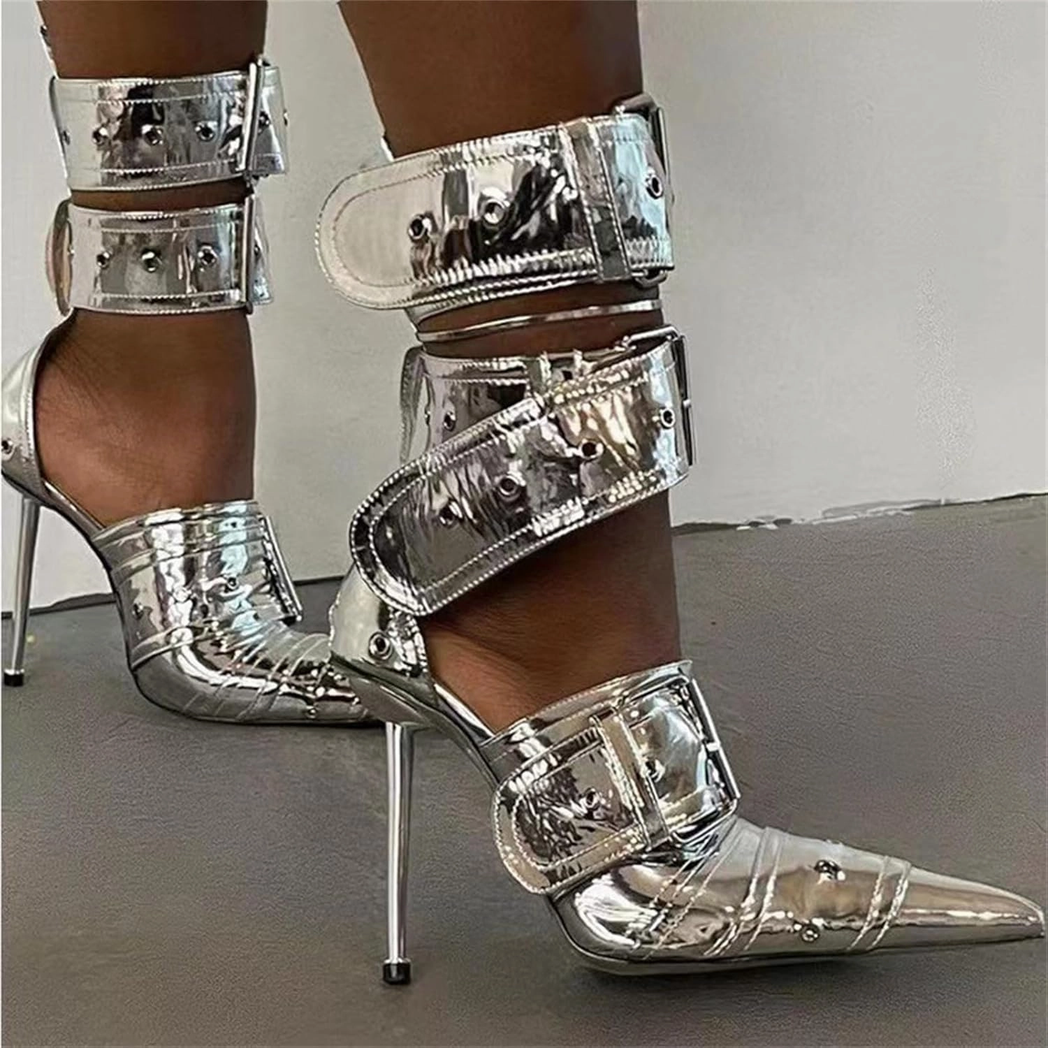 Women's Ankle Strap Stiletto Heels Pointed Toe Sexy Metal Buckle Stiletto High Heels Pumps Shoes for Party Evening Wedding Party
