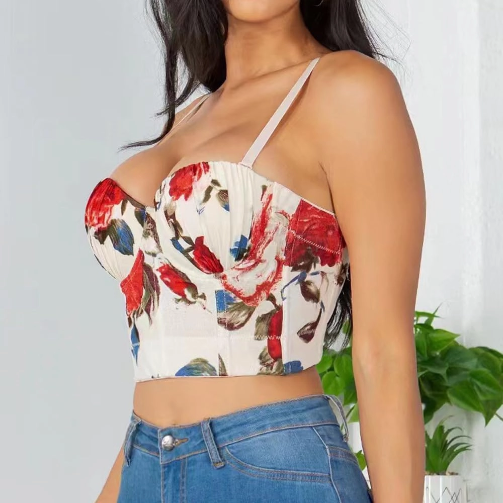 Women's Floral Print Sleeveless Spaghetti Strap Bustier Corset Crop Top Padded Push Up Going Out Tops