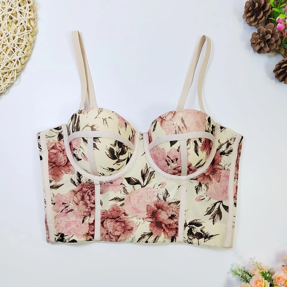 Women's Floral Print Sleeveless Spaghetti Strap Bustier Corset Crop Top Padded Push Up Going Out Tops