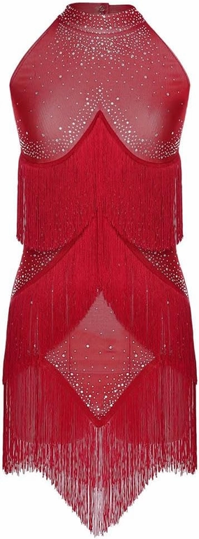 Women's Latin Tango Chacha Samba Dance Performance Costume Sleeveless Shiny Rhinestones Fringed Dress