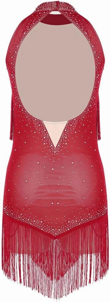 Women's Latin Tango Chacha Samba Dance Performance Costume Sleeveless Shiny Rhinestones Fringed Dress
