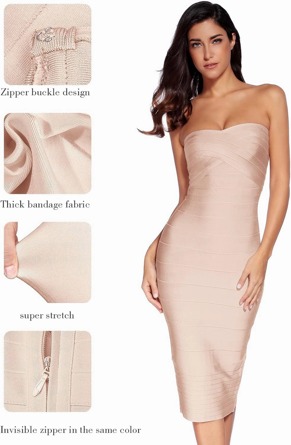 Women's Midi Cocktail Dresses Strapless Bandage Bodycon Dress Wedding Party Dress