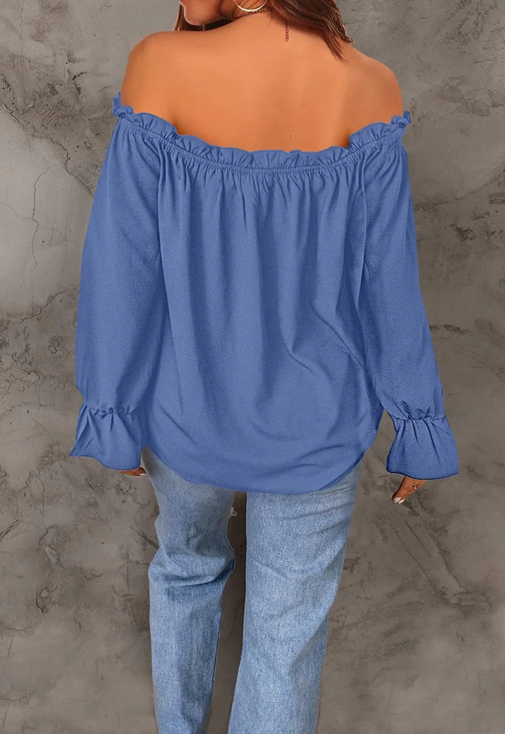 Women's Off Shoulder Top Ruffle Long Sleeve Chiffon Blouse Casual Loose Shirts