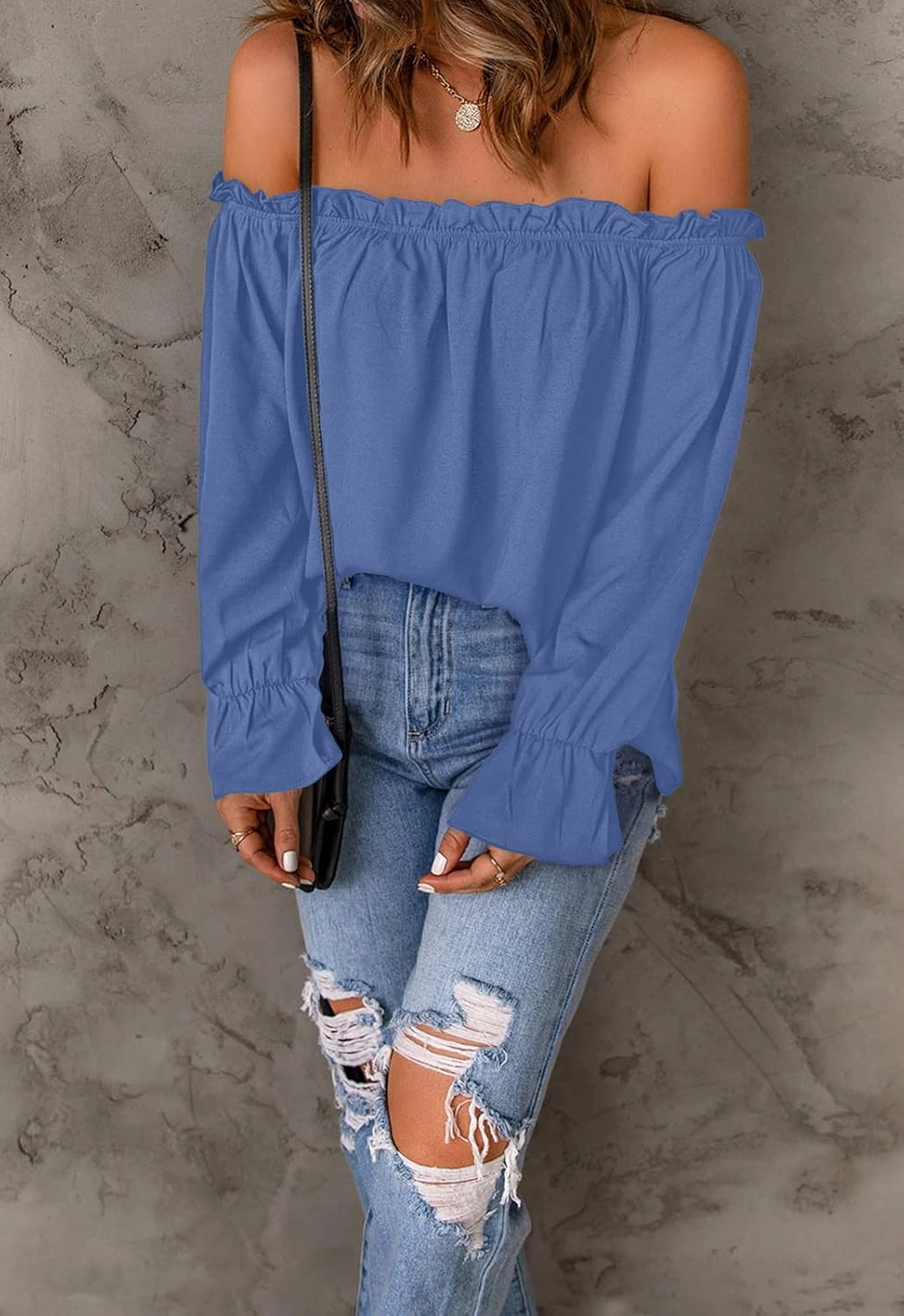 Women's Off Shoulder Top Ruffle Long Sleeve Chiffon Blouse Casual Loose Shirts