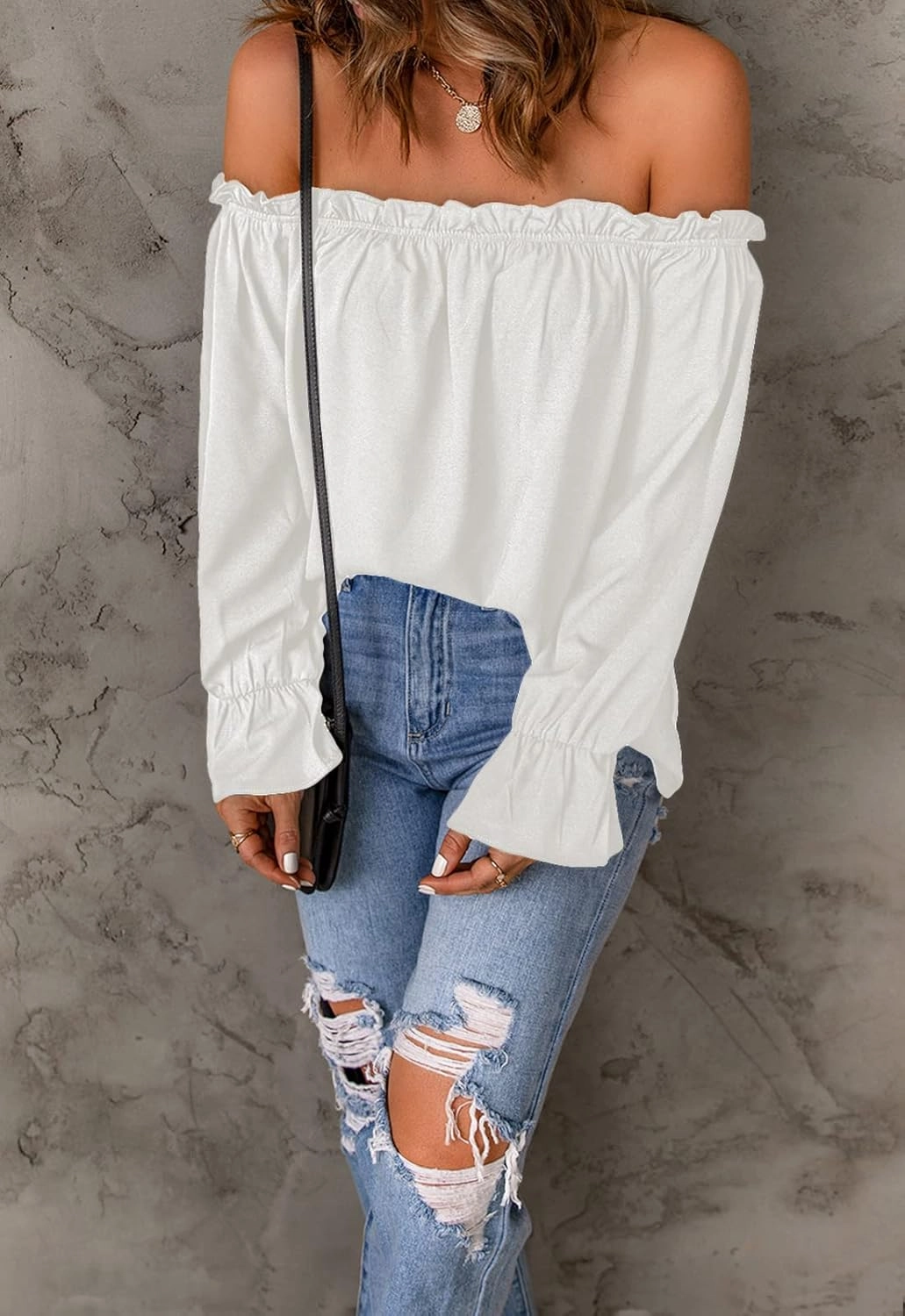 Women's Off Shoulder Top Ruffle Long Sleeve Chiffon Blouse Casual Loose Shirts