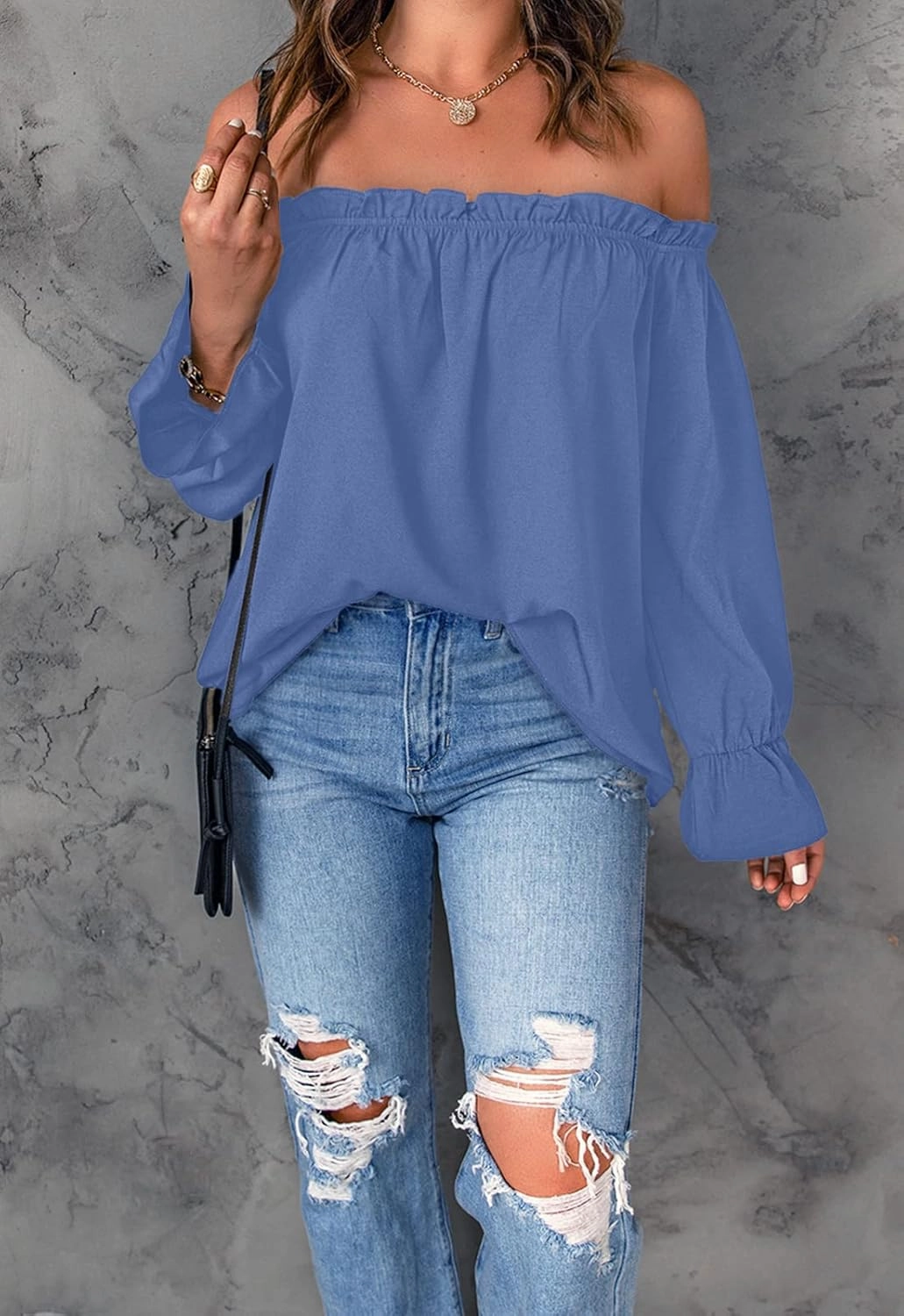 Women's Off Shoulder Top Ruffle Long Sleeve Chiffon Blouse Casual Loose Shirts