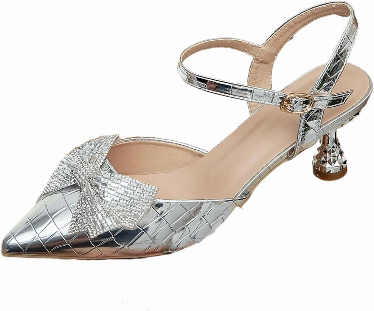 Women's Patent Leather Pearl Dress Wedding Kitten Heel Sandals Fashion Closed Pointed Toe Shallow Mouth Adjustable Ankle Strap High Heels for Business Paty Pumps