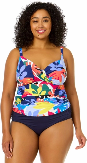 Women's Plus Size Tropic Stamp Twist Front Underwire Tankini Swim Top