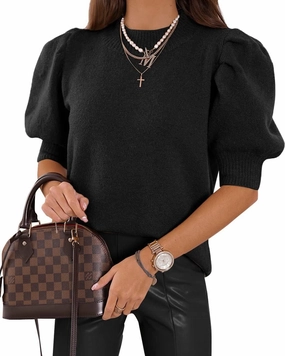 Women's Puff Short Sleeve Sweater Tops 2025 Spring Summer Trendy Crew Neck Casual T Shirts Blouses