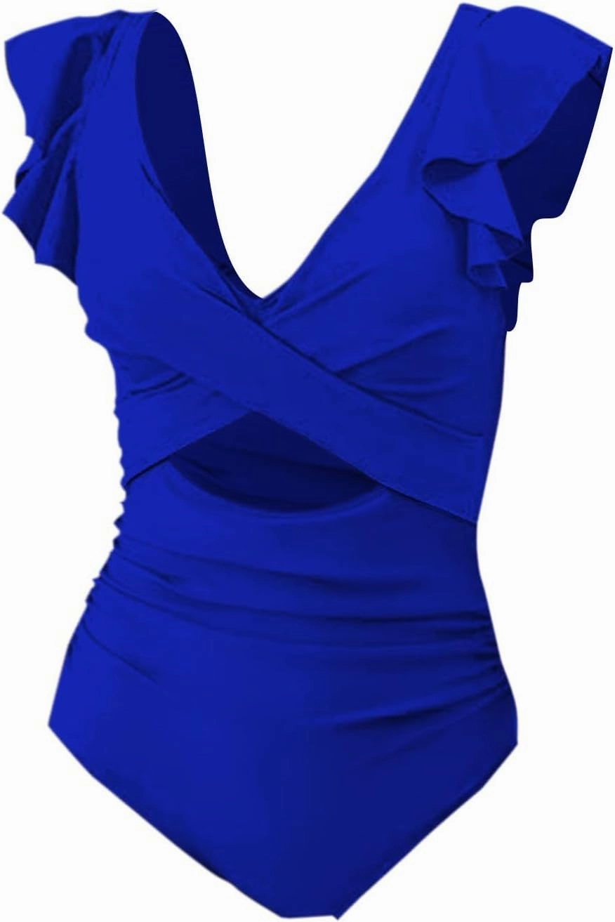 Women's Ruffle Sleeve One Piece Swimsuits Going Out Beach Playing Bikini Swimwears Tummy Control Casual Bathing Suits