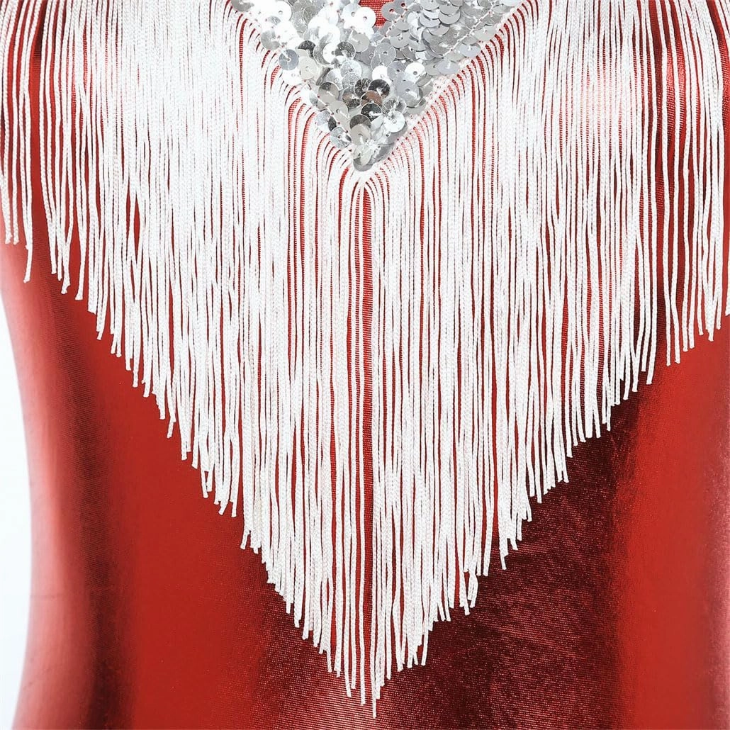 Women's Sequins Fringed Dance Leotard Metallic Shiny Tassel Bodysuit Tango Chacha Samba Rumba Performance Costume