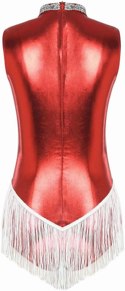 Women's Sequins Fringed Dance Leotard Metallic Shiny Tassel Bodysuit Tango Chacha Samba Rumba Performance Costume