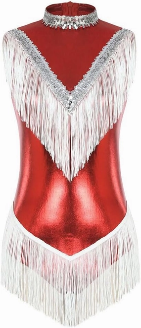 Women's Sequins Fringed Dance Leotard Metallic Shiny Tassel Bodysuit Tango Chacha Samba Rumba Performance Costume