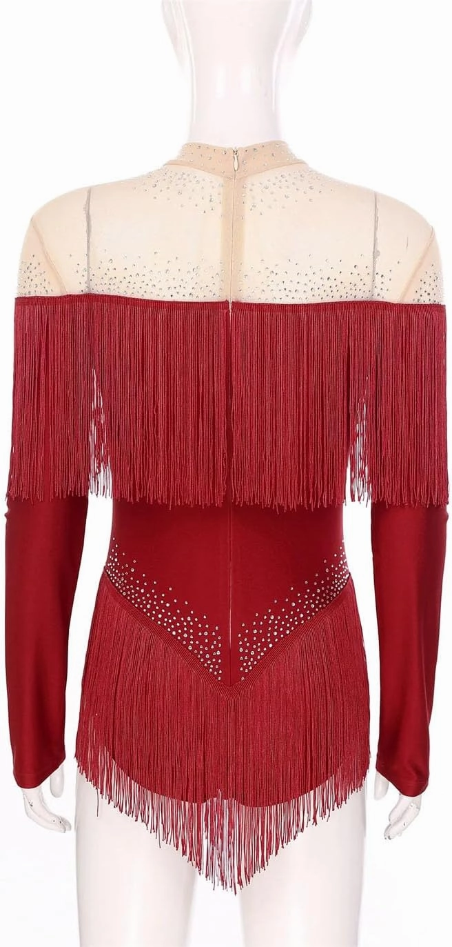 Women's Shiny Rhinestones Tassel Long Sleeve Bodysuit Latin Chacha Samba Rumba Figure Skating Performance Costume