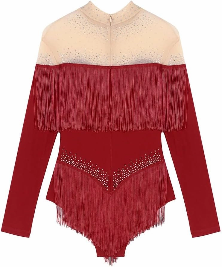 Women's Shiny Rhinestones Tassel Long Sleeve Bodysuit Latin Chacha Samba Rumba Figure Skating Performance Costume