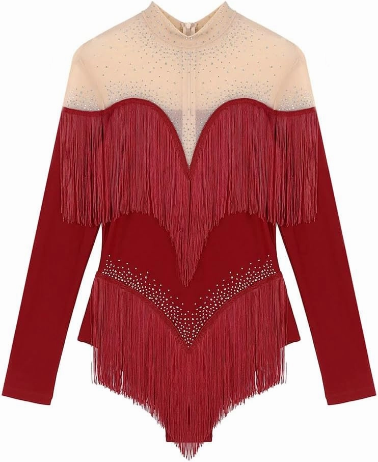 Women's Shiny Rhinestones Tassel Long Sleeve Bodysuit Latin Chacha Samba Rumba Figure Skating Performance Costume