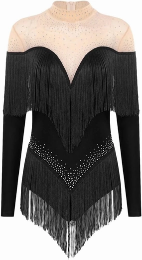 Women's Shiny Rhinestones Tassel Long Sleeve Bodysuit Latin Chacha Samba Rumba Figure Skating Performance Costume