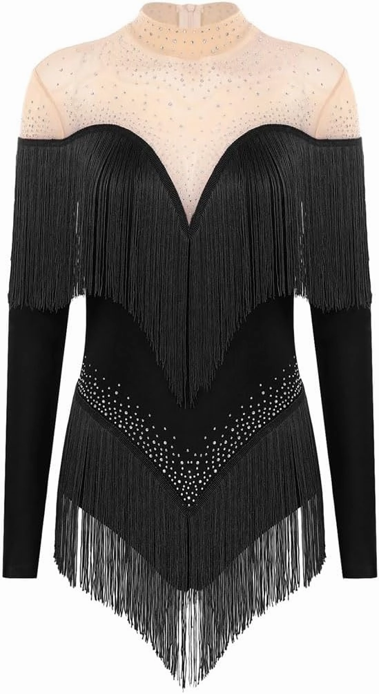 Women's Shiny Rhinestones Tassel Long Sleeve Bodysuit Latin Chacha Samba Rumba Figure Skating Performance Costume