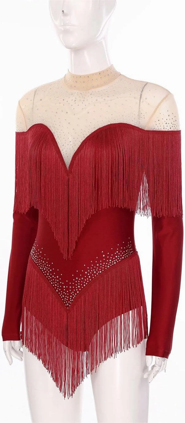 Women's Shiny Rhinestones Tassel Long Sleeve Bodysuit Latin Chacha Samba Rumba Figure Skating Performance Costume
