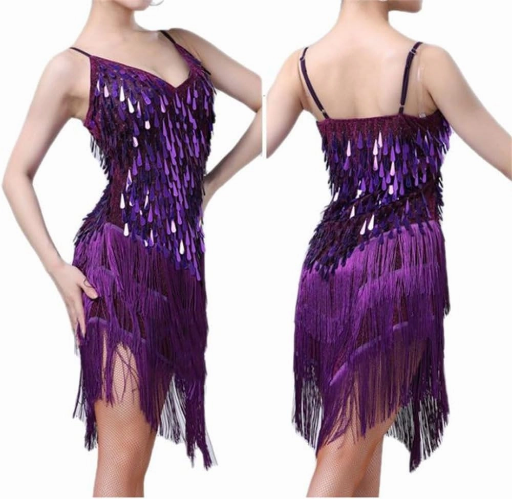 Women's Shiny Sequins Latin Dance Dress Sparkly Tassel Party Dancewear Salsa Samba Rumba Stage Costume