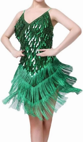 Women's Shiny Sequins Latin Dance Dress Sparkly Tassel Party Dancewear Salsa Samba Rumba Stage Costume
