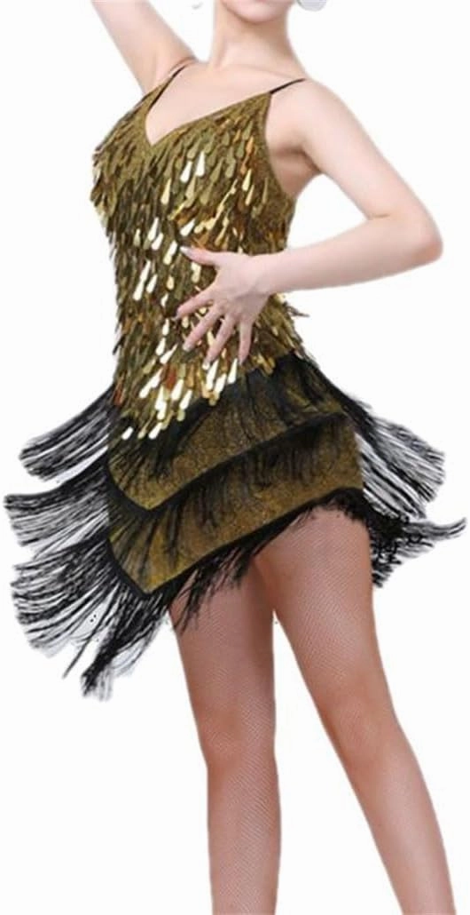 Women's Shiny Sequins Latin Dance Dress Sparkly Tassel Party Dancewear Salsa Samba Rumba Stage Costume