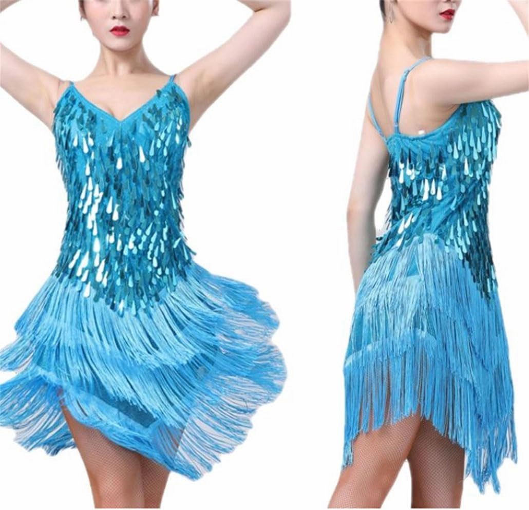 Women's Shiny Sequins Latin Dance Dress Sparkly Tassel Party Dancewear Salsa Samba Rumba Stage Costume