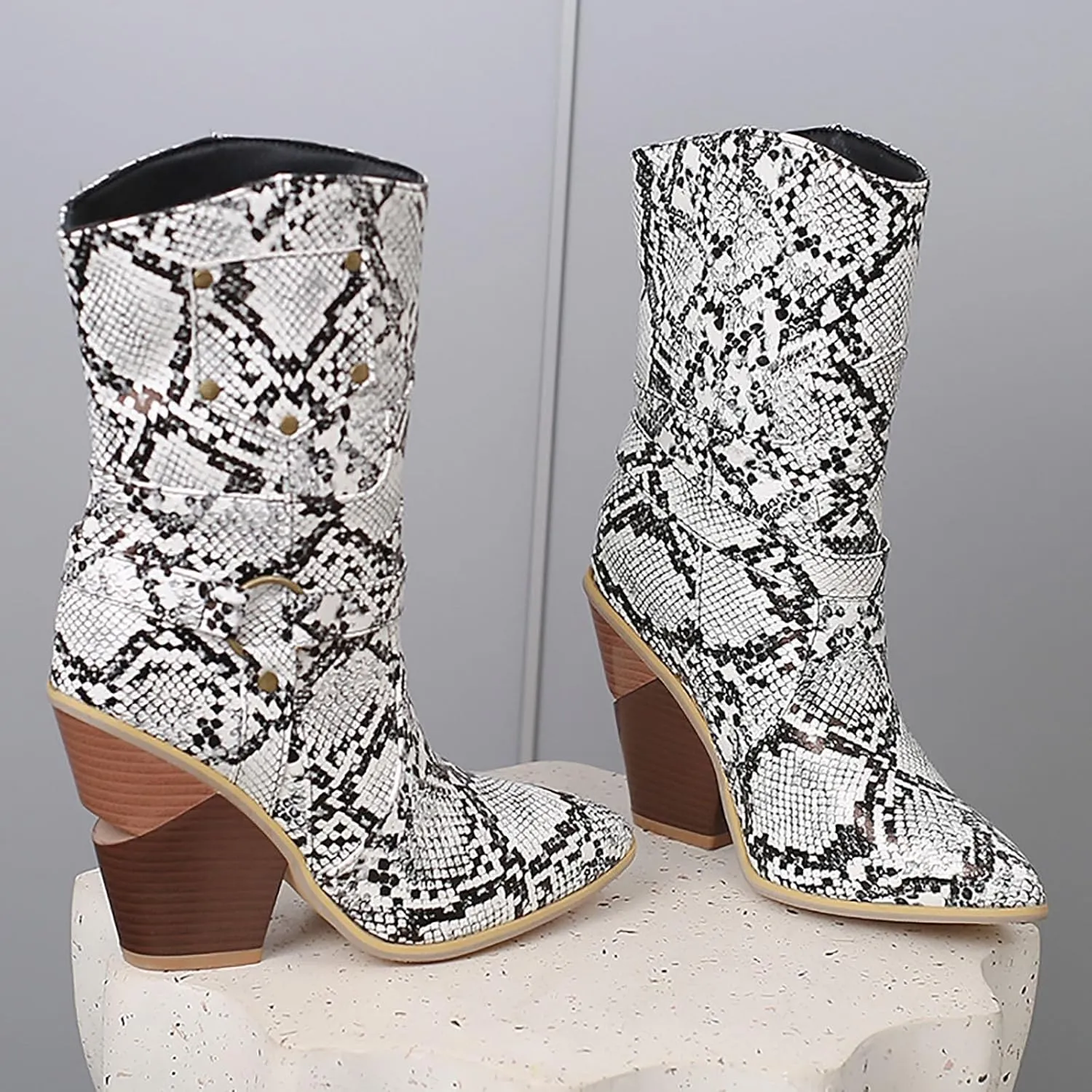 Womens Ankle Boots,Chunky High Heel Booties,Pull On Tabs Cowboy Boots,Fashion Western Boots,Comfy Winter Walking Work Shoes,Stylish Multicolor Leopard Snakeskin Pattern High Heels