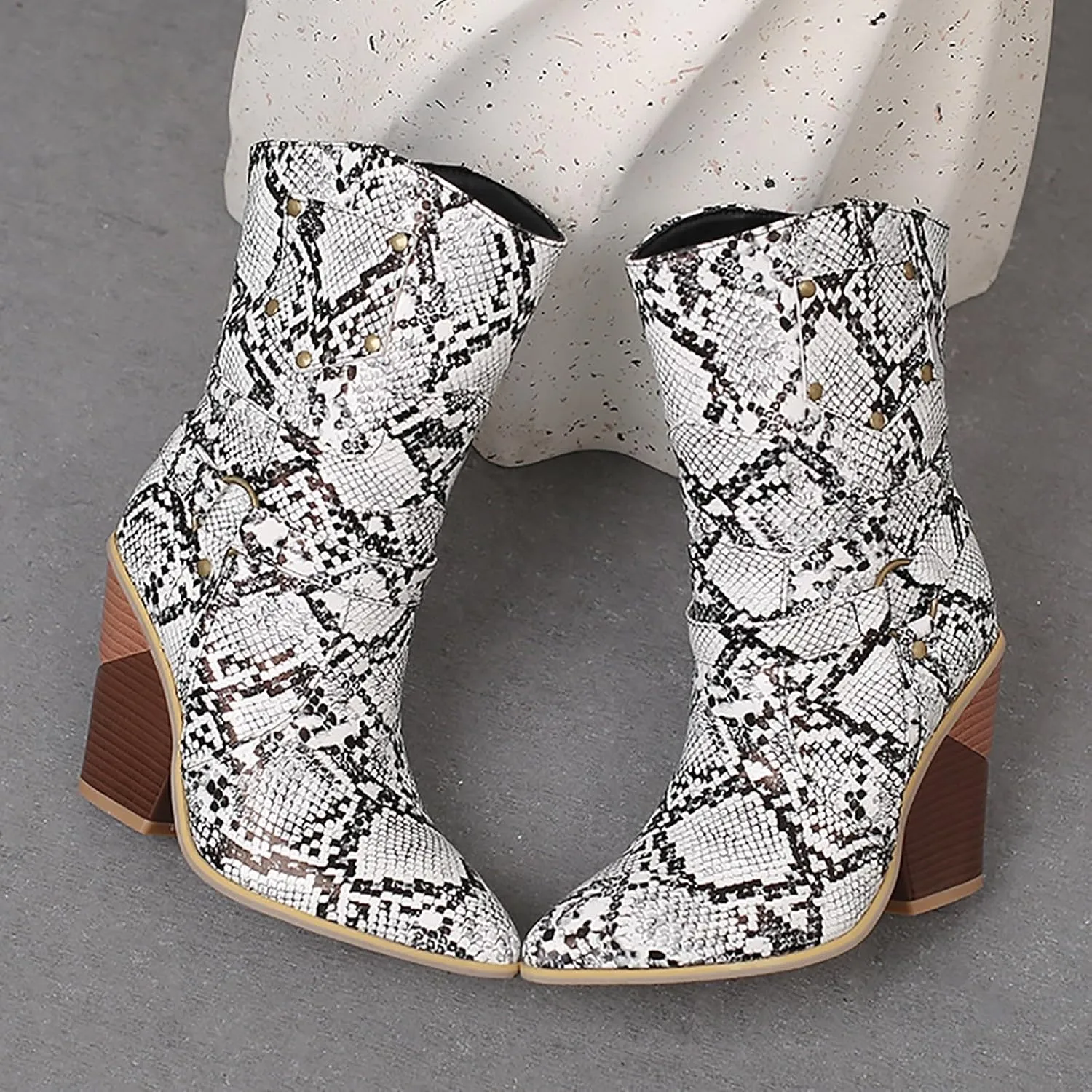 Womens Ankle Boots,Chunky High Heel Booties,Pull On Tabs Cowboy Boots,Fashion Western Boots,Comfy Winter Walking Work Shoes,Stylish Multicolor Leopard Snakeskin Pattern High Heels