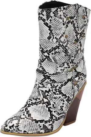 Womens Ankle Boots,Chunky High Heel Booties,Pull On Tabs Cowboy Boots,Fashion Western Boots,Comfy Winter Walking Work Shoes,Stylish Multicolor Leopard Snakeskin Pattern High Heels