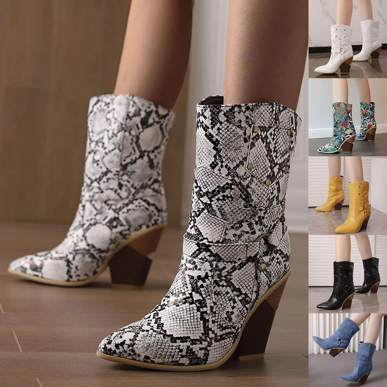 Womens Ankle Boots,Chunky High Heel Booties,Pull On Tabs Cowboy Boots,Fashion Western Boots,Comfy Winter Walking Work Shoes,Stylish Multicolor Leopard Snakeskin Pattern High Heels