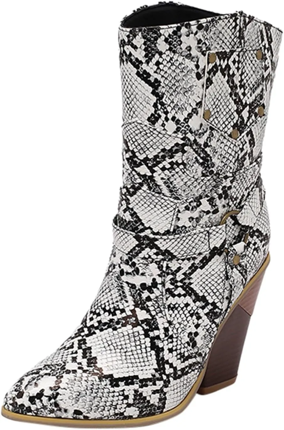 Womens Ankle Boots,Chunky High Heel Booties,Pull On Tabs Cowboy Boots,Fashion Western Boots,Comfy Winter Walking Work Shoes,Stylish Multicolor Leopard Snakeskin Pattern High Heels