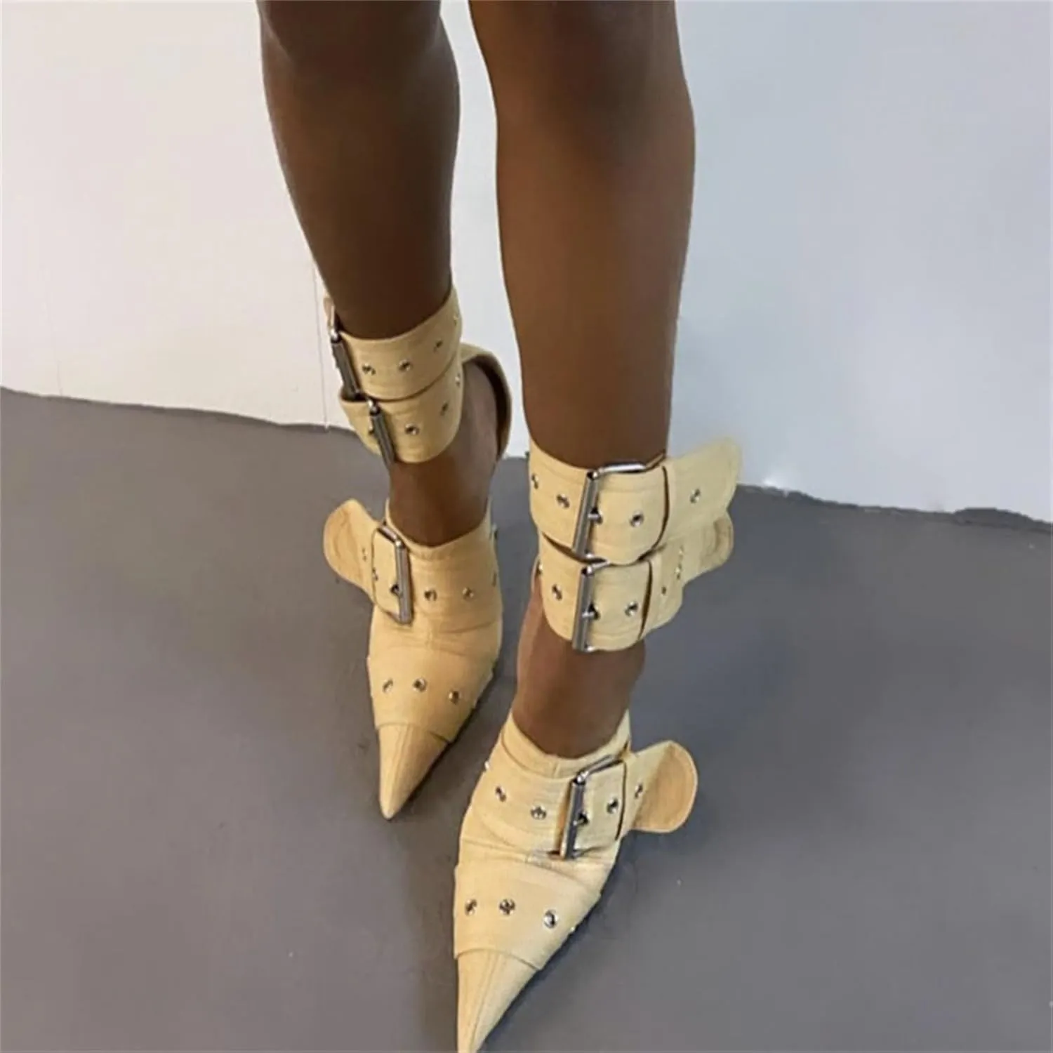 Women's Ankle Strap Stiletto Heels Pointed Toe Sexy Metal Buckle Stiletto High Heels Pumps Shoes for Party Evening Wedding Party