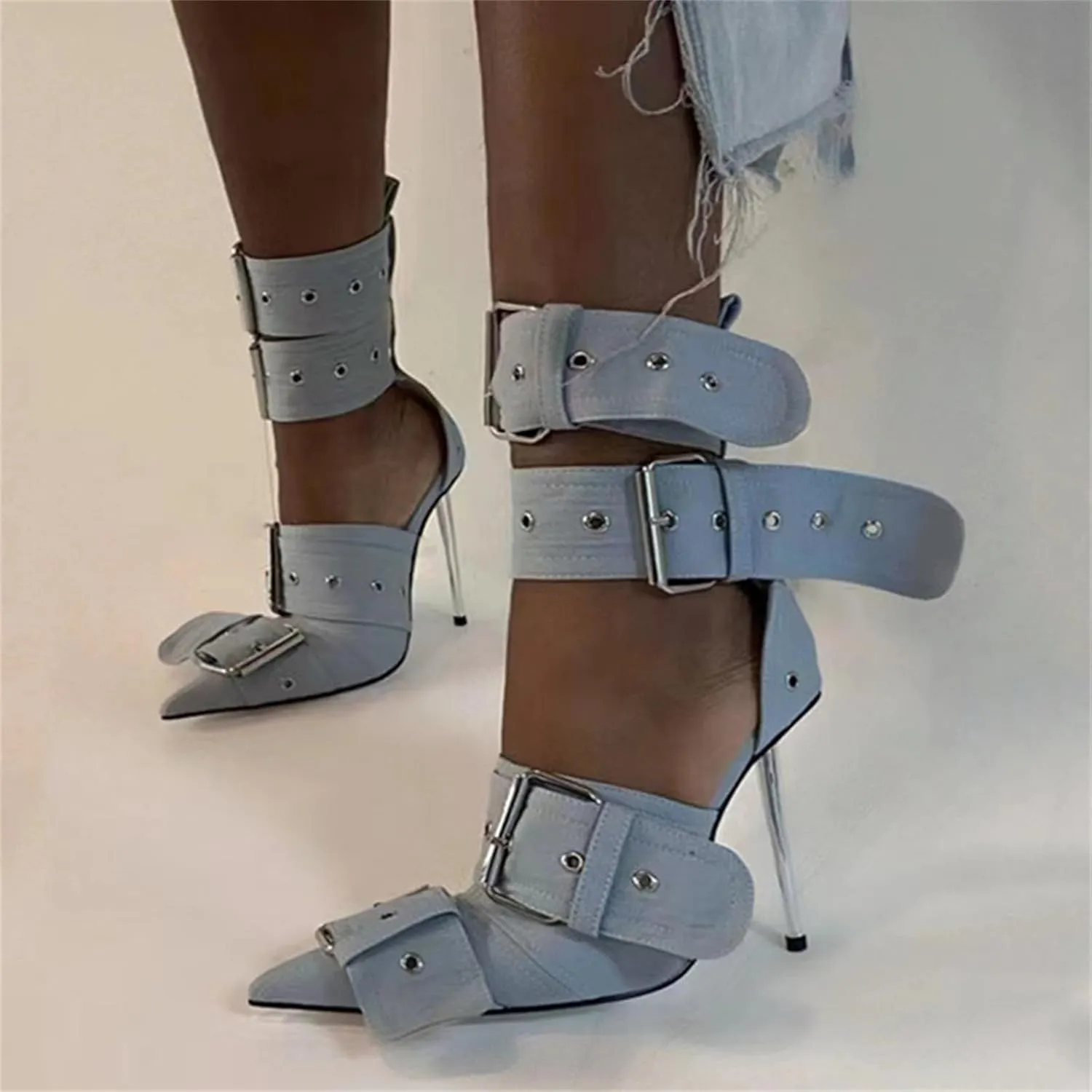 Women's Ankle Strap Stiletto Heels Pointed Toe Sexy Metal Buckle Stiletto High Heels Pumps Shoes for Party Evening Wedding Party