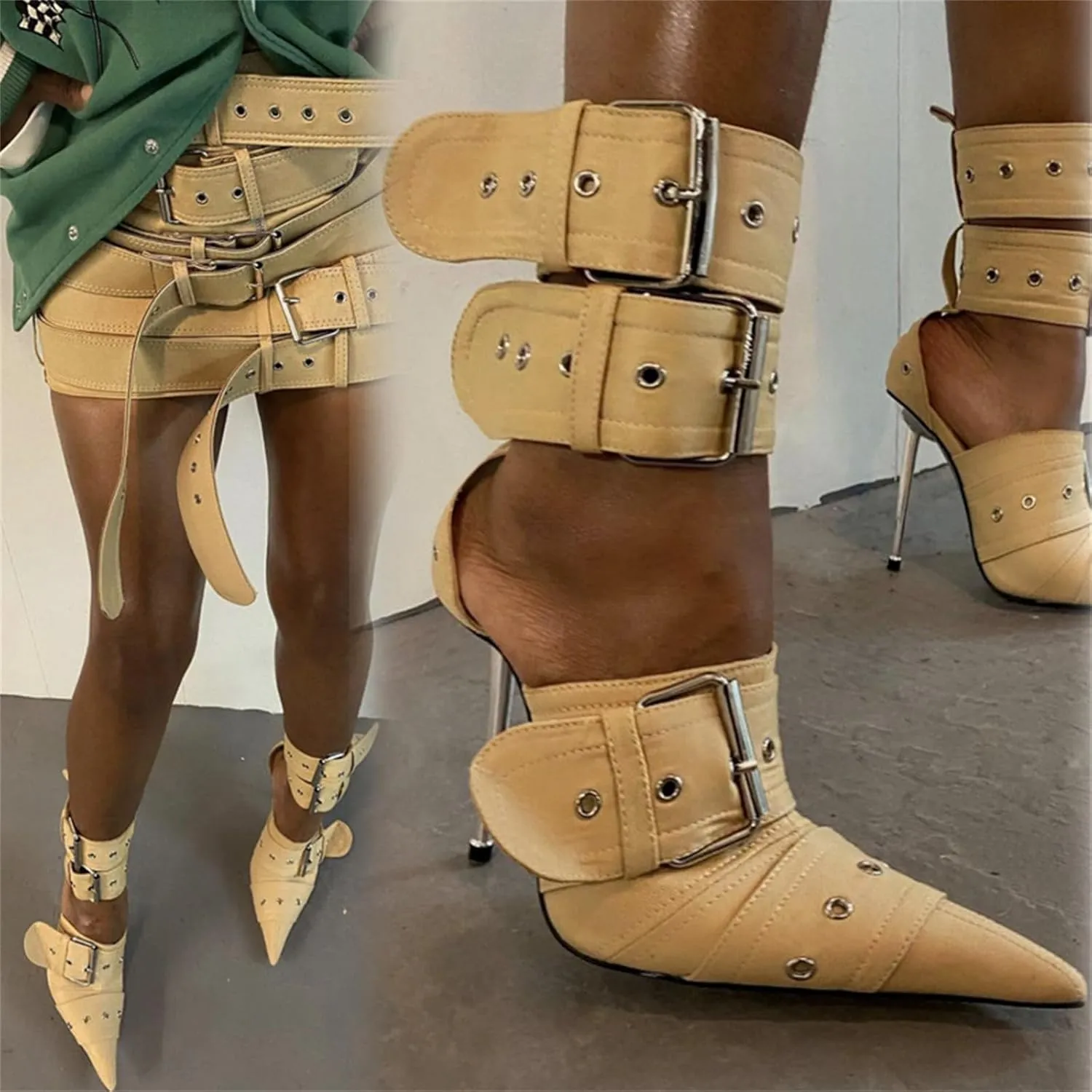 Women's Ankle Strap Stiletto Heels Pointed Toe Sexy Metal Buckle Stiletto High Heels Pumps Shoes for Party Evening Wedding Party