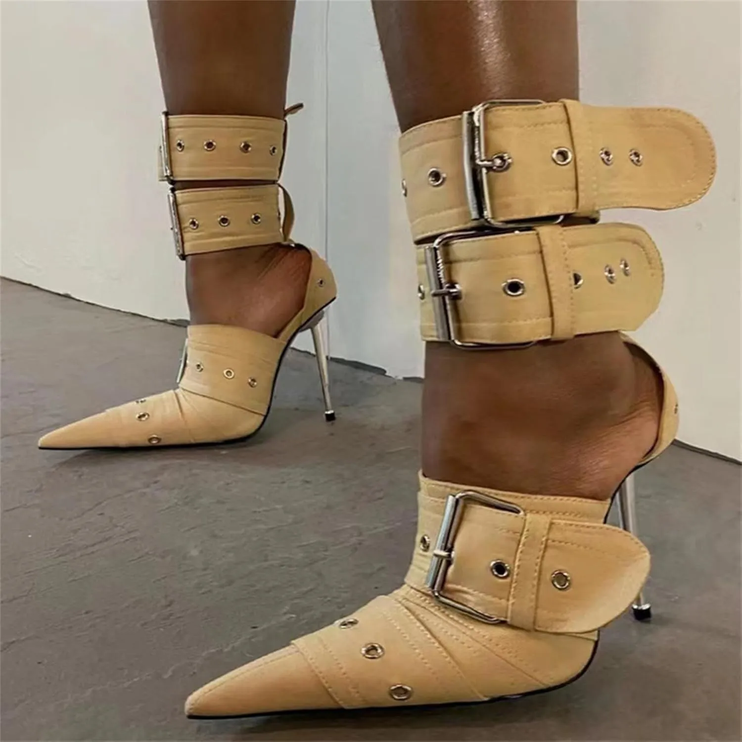Women's Ankle Strap Stiletto Heels Pointed Toe Sexy Metal Buckle Stiletto High Heels Pumps Shoes for Party Evening Wedding Party