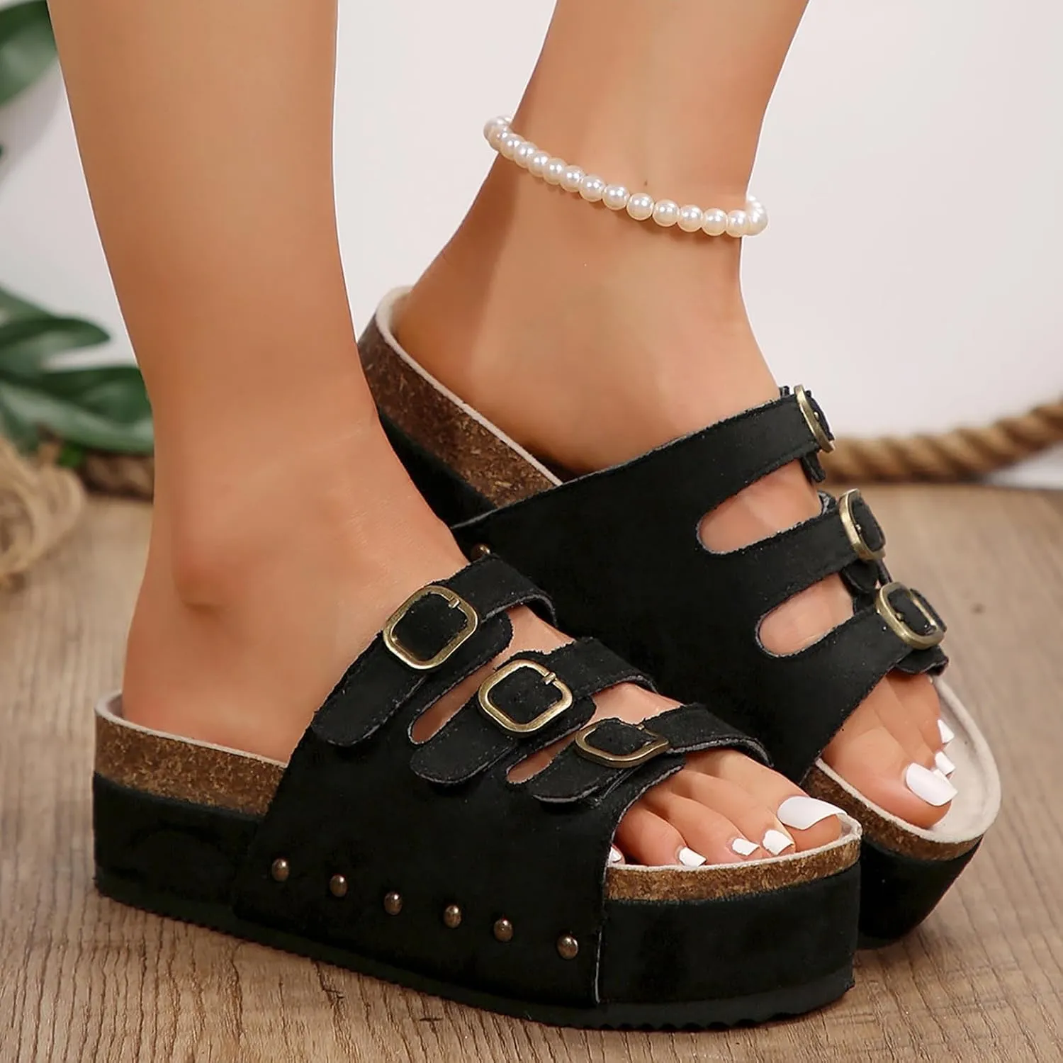 Women's Cork Footbed Slides 3 Strap Straps Platform Clogs Suede Slip-on Flatform Sandals for Women Fashion Slippers Summer
