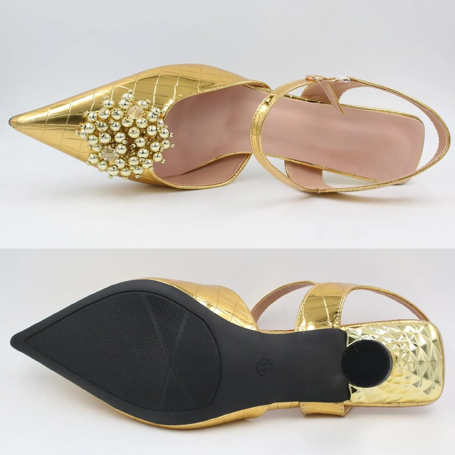 Women's Patent Leather Pearl Dress Wedding Kitten Heel Sandals Fashion Closed Pointed Toe Shallow Mouth Adjustable Ankle Strap High Heels for Business Paty Pumps