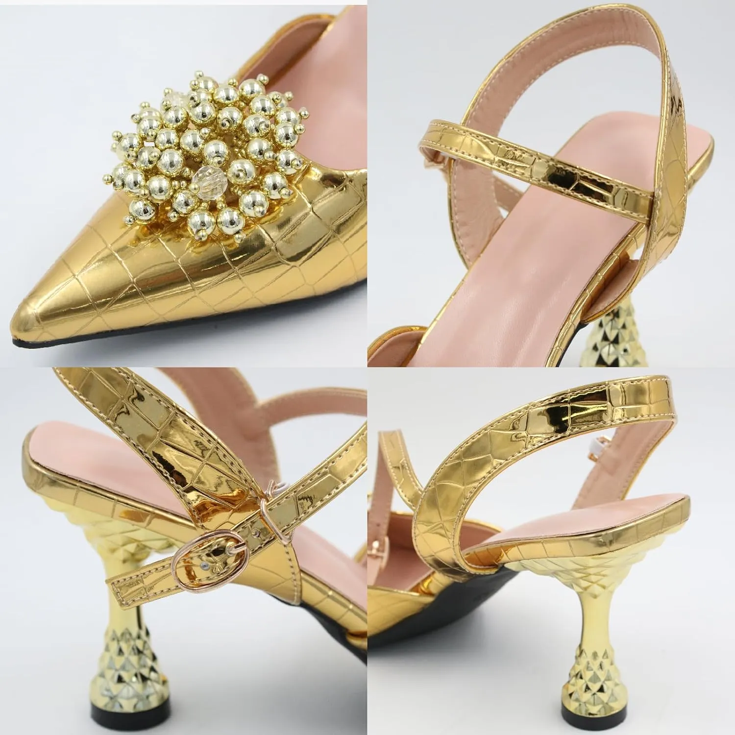 Women's Patent Leather Pearl Dress Wedding Kitten Heel Sandals Fashion Closed Pointed Toe Shallow Mouth Adjustable Ankle Strap High Heels for Business Paty Pumps