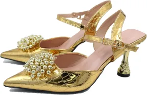 Women's Patent Leather Pearl Dress Wedding Kitten Heel Sandals Fashion Closed Pointed Toe Shallow Mouth Adjustable Ankle Strap High Heels for Business Paty Pumps