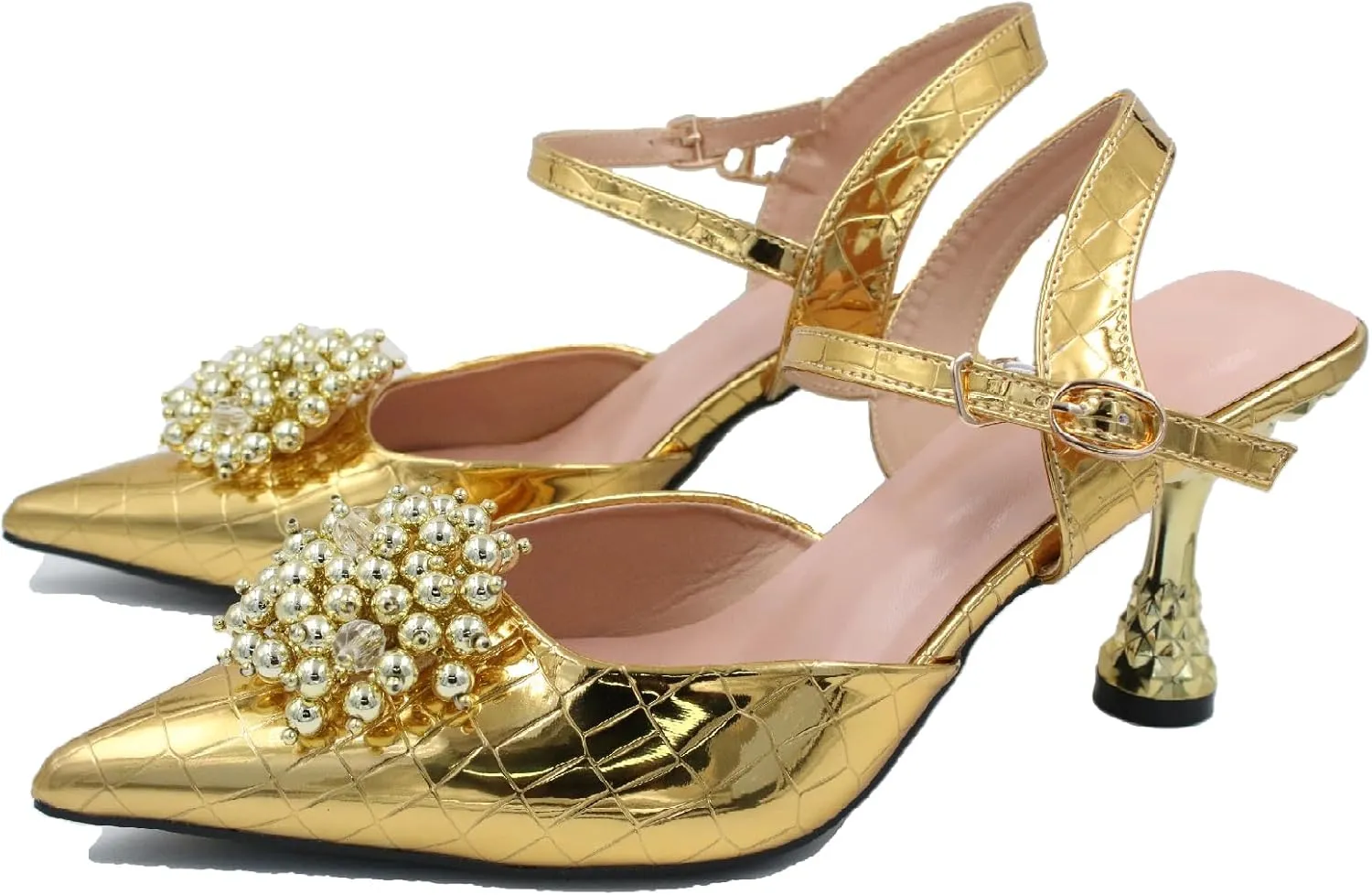 Women's Patent Leather Pearl Dress Wedding Kitten Heel Sandals Fashion Closed Pointed Toe Shallow Mouth Adjustable Ankle Strap High Heels for Business Paty Pumps