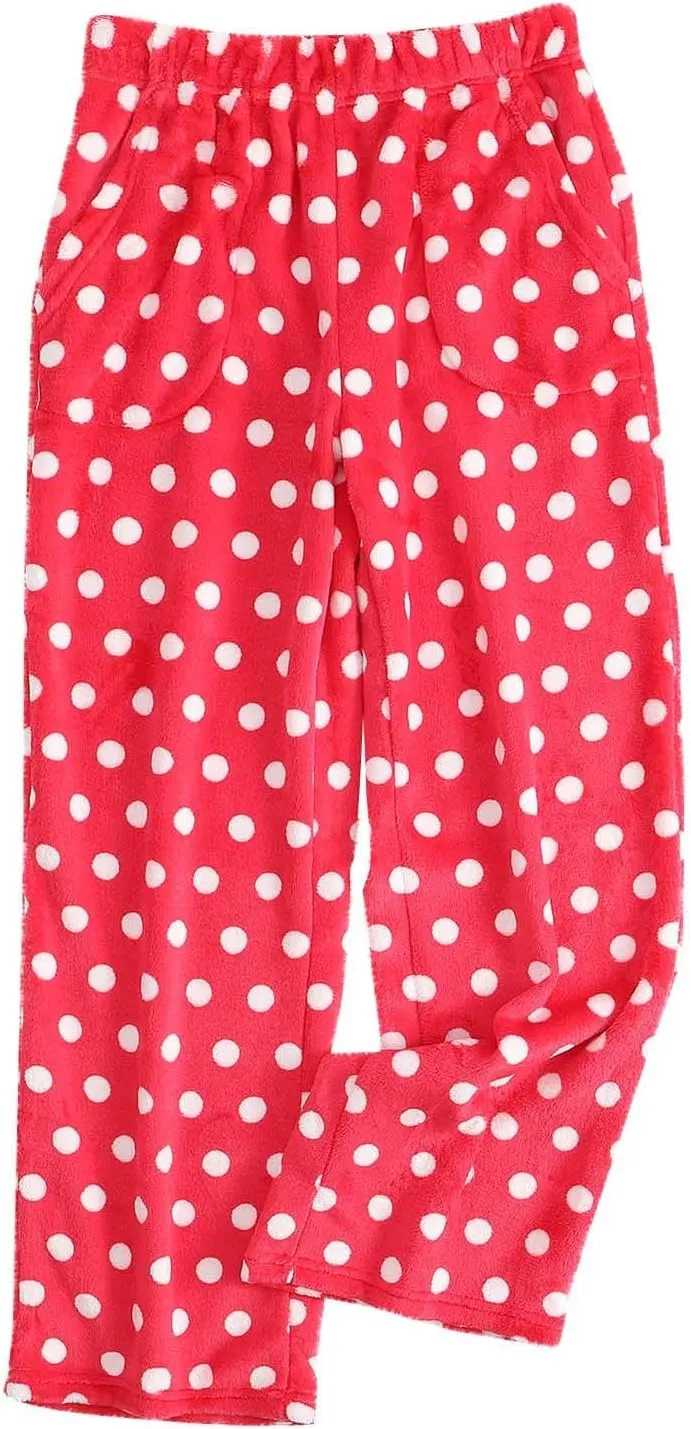 Womens Polka Dot Print Plush Pajama Pants Winter Warm Fleece Fuzzy Pj Bottoms Wide Leg Cozy Lounge Pants Sleepwear