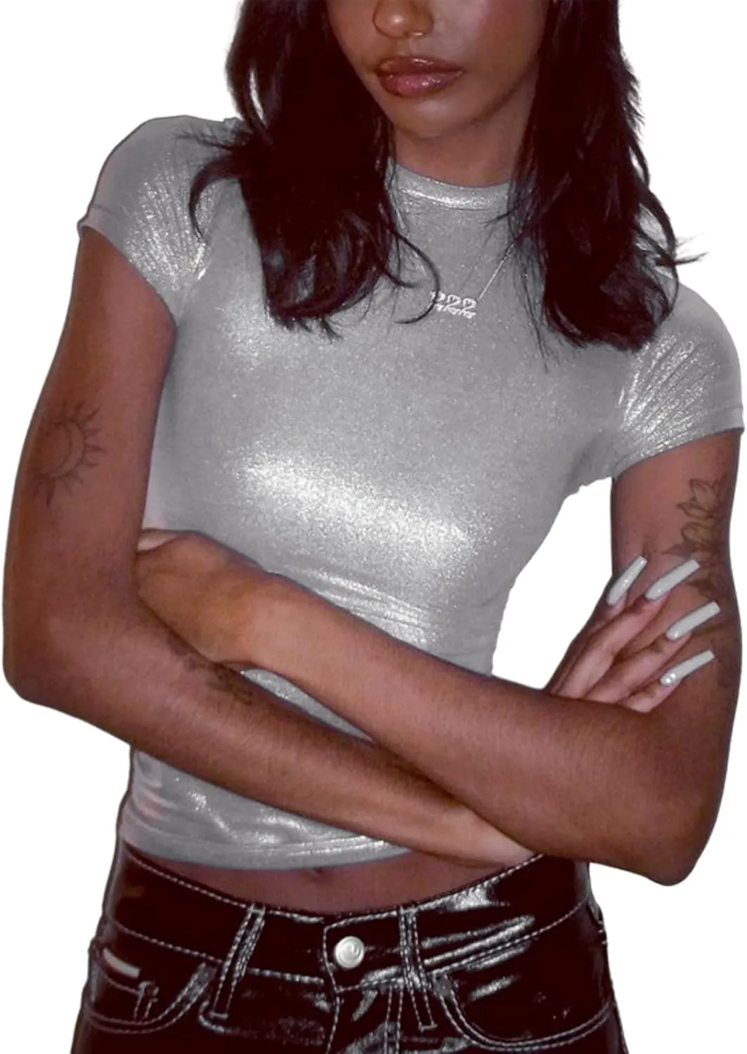 Women's Shiny Metallic Short Sleeve T Shirt Sexy Mock Neck Slim Crop Top Party Disco Club Tees