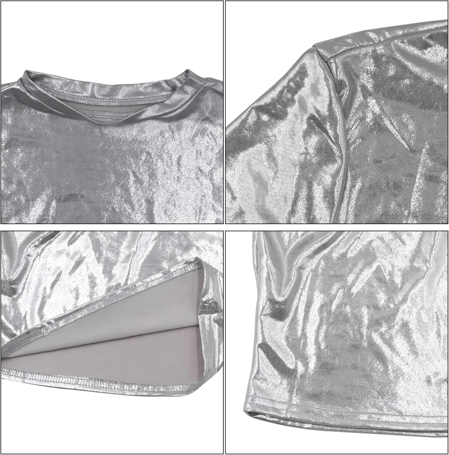 Women's Shiny Metallic Short Sleeve T Shirt Sexy Mock Neck Slim Crop Top Party Disco Club Tees
