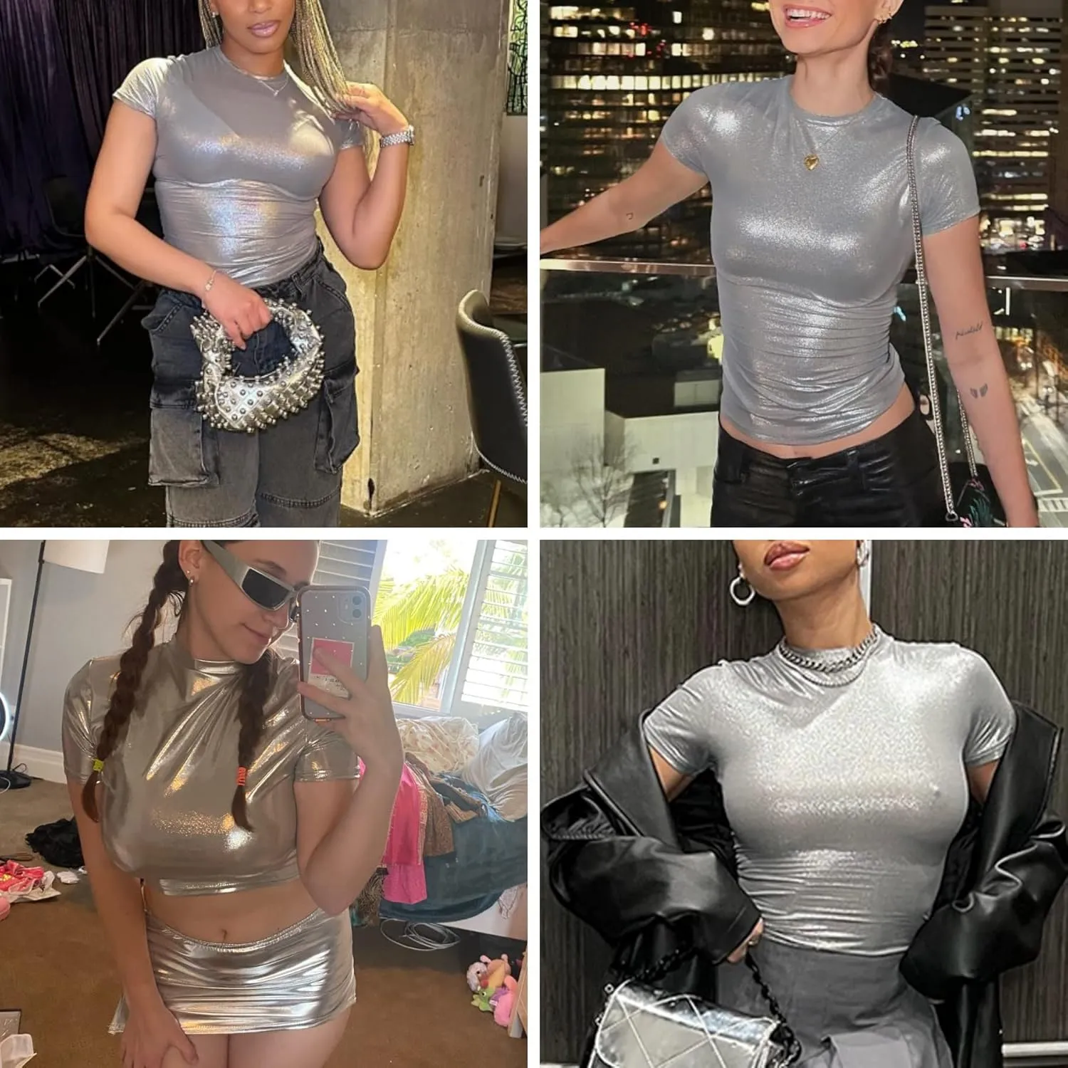 Women's Shiny Metallic Short Sleeve T Shirt Sexy Mock Neck Slim Crop Top Party Disco Club Tees