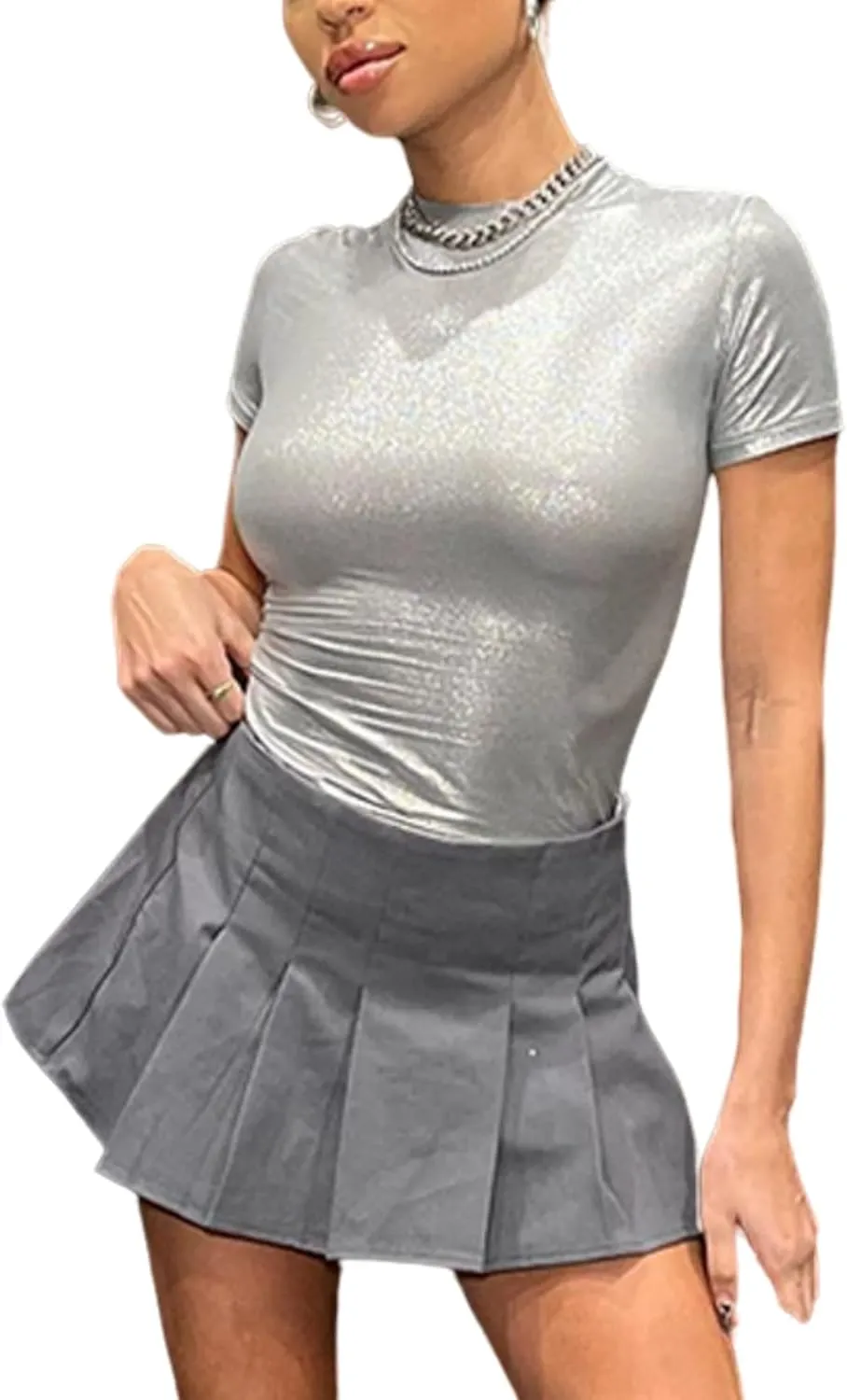 Women's Shiny Metallic Short Sleeve T Shirt Sexy Mock Neck Slim Crop Top Party Disco Club Tees