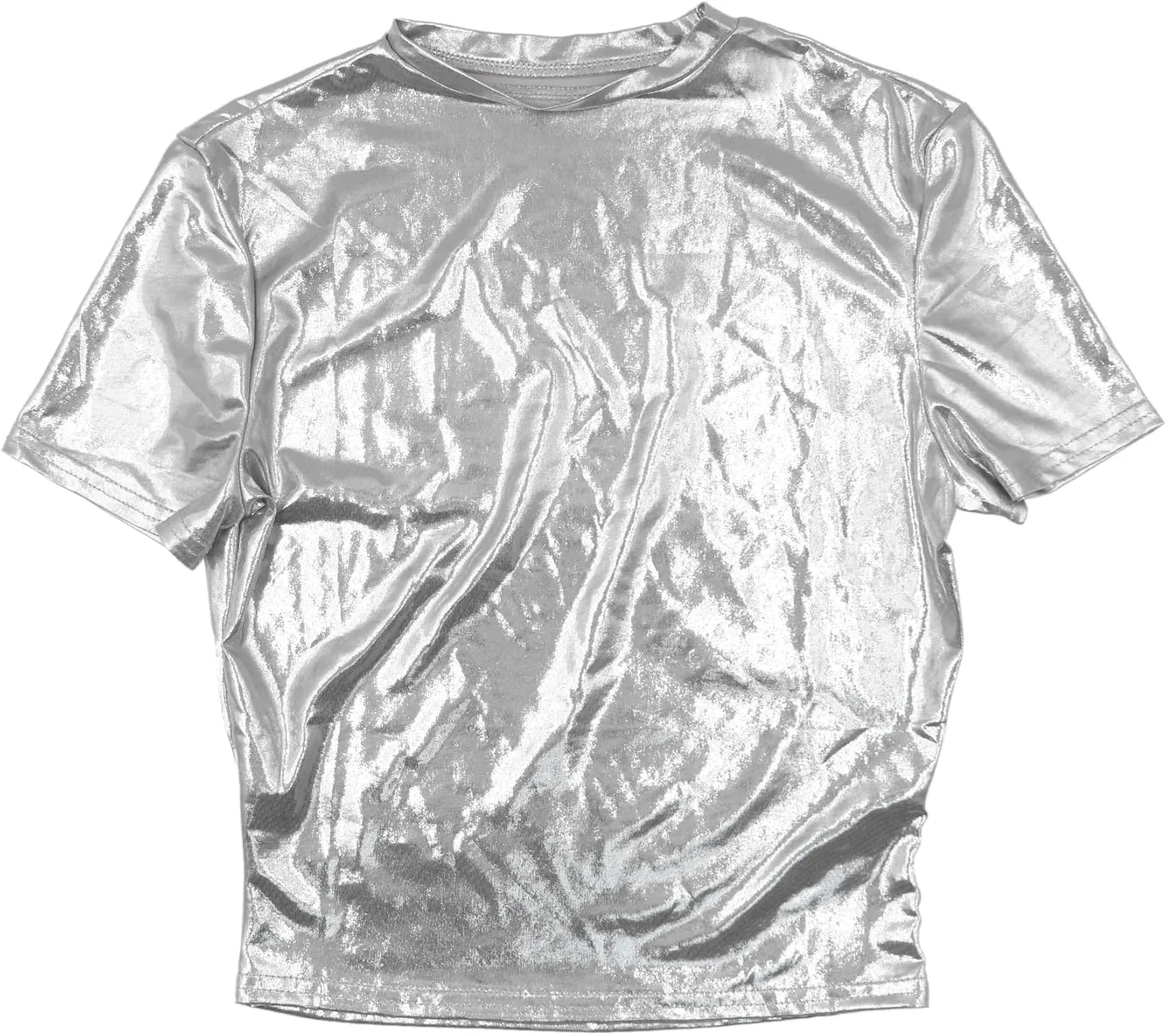 Women's Shiny Metallic Short Sleeve T Shirt Sexy Mock Neck Slim Crop Top Party Disco Club Tees