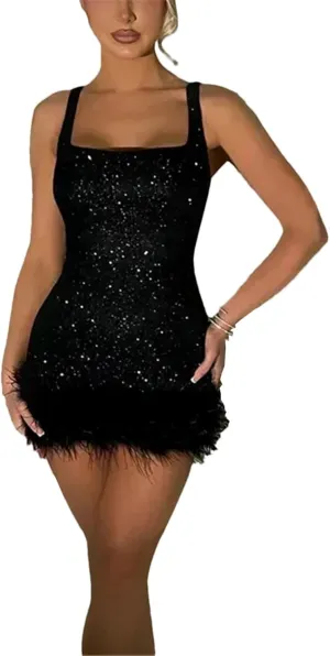 Womens Sleeveless Sexy Strecth Bodycon Sequins Mini Party Dresses Shiny Straps Square Collar Feather Night Club Dress