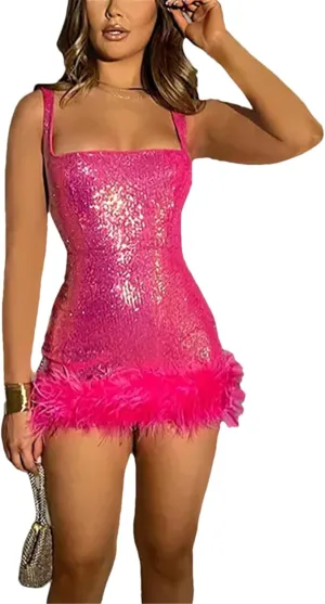 Womens Sleeveless Sexy Strecth Bodycon Sequins Mini Party Dresses Shiny Straps Square Collar Feather Night Club Dress